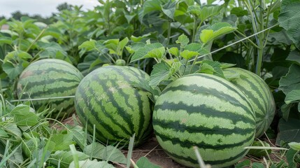 Watermelon field. A burst of color: The lush green foliage of the watermelon plants is punctuated by the vibrant hues of the ripe watermelons scattered throughout the field.