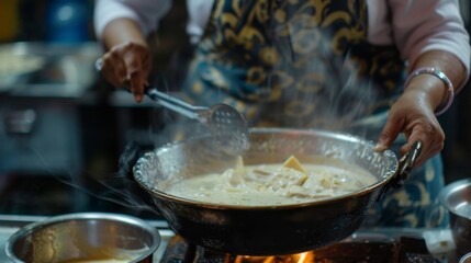 A woman cooking paneer curry in a traditional Indian kitchen, stirring the creamy gravy and adding aromatic spices for an authentic flavor profile.