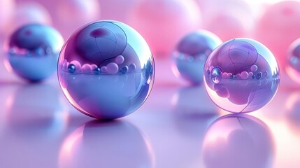 A group of iridescent spheres rest on a reflective surface, casting an array of soft, multicolored reflections.