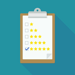 Clipboard with a rating checklist from 1 to 5 stars with checkbox selected out of five stars in flat design style