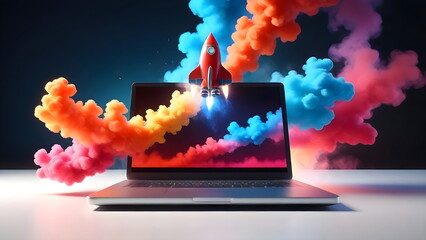 A red rocket flies above the Laptop with colorful smoke, a symbol of success and adventure.