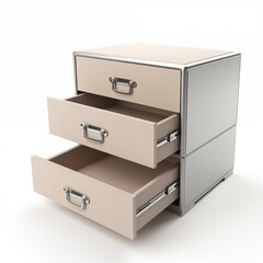 3D rendering of an open metal and wooden nightstand with three empty drawers