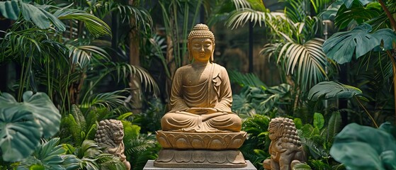 A background of calm and tranquilly with a lone golden Buddha statue surrounded by lush vegetation - Powered by Adobe