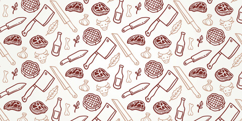 butcher shop seamless pattern, barbecue meat and cooking tools seamless pattern. BBQ, meat, vegetables, beer, wine and equipment icons