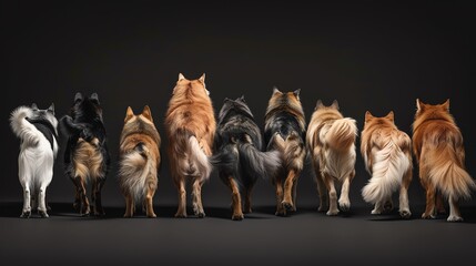 Capture a striking rear view of various breeds of pets trotting in a row