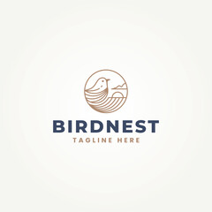 minimalist bird nest with ocean and sunset line art logo vector illustration design