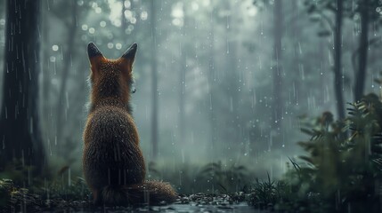 Capture the mystique of a rear view fox in a rainy forest, with striking realism perfect for digital art Contrast the sleek fox against blurred raindrops and a misty background - obrazy, fototapety, plakaty