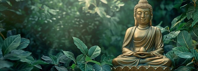 A background of calm and tranquilly with a lone golden Buddha statue surrounded by lush vegetation