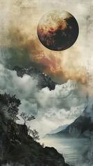 A dark fantasy landscape painting of a large moon or planet hanging in the sky over a mountain range.