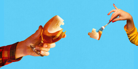 Connected. Male hand holding glass with foamy lager beer and female hand with beer puzzle against blue background. Contemporary artwork. Concept of alcohol drink, surrealism, celebration, creativity