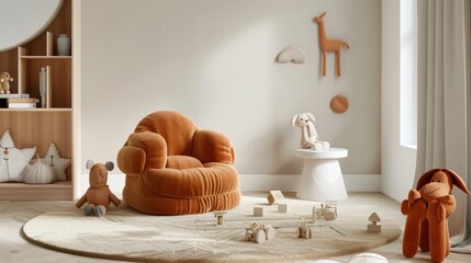 Charming kids room featuring a plush orange armchair, white stool, and a collection of soft toys, wooden toys on a beige background, round rug in the center