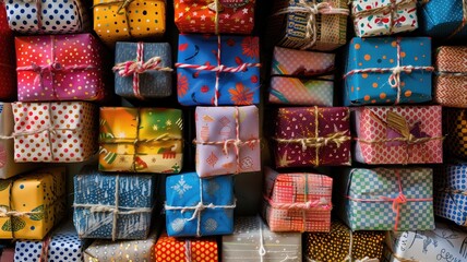  Colorful gift boxes neatly arranged in rows.