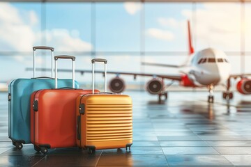 Airport travel concept with suitcases, airplane, and blue sky, symbolizing vacation and adventure