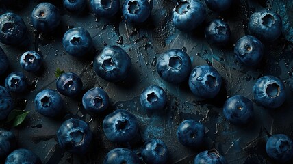 Artistic arrangement of blueberries on a wet dark surface. - obrazy, fototapety, plakaty