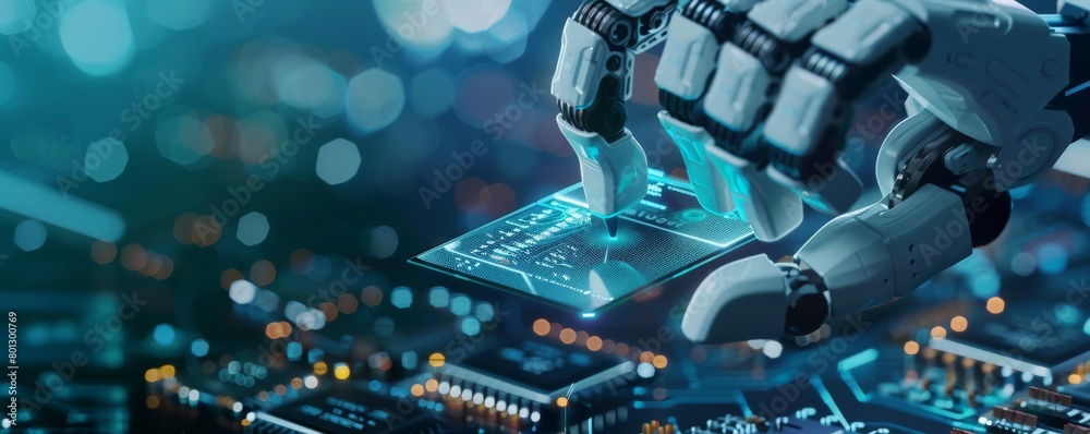 Poster advanced robotics technology handling microchip assembly in futuristic workshop