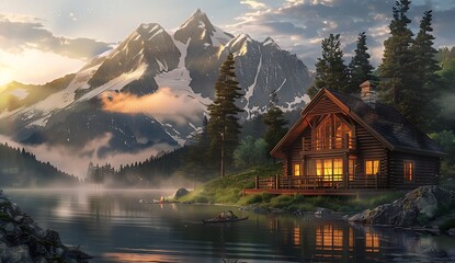 A wooden house in the mountains, surrounded by trees and a misty lake. Warm light shines on it from...