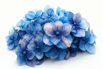 A Cluster of Hydrangeas: A lush cluster of hydrangeas in a vibrant blue hue, with tiny individual flowers creating a voluminous shape, all rendered in a realistic watercolor style on a white backgroun