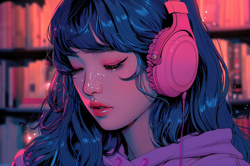 A closeup illustration of an Asian girl with long blue hair and bangs, wearing pink headphones