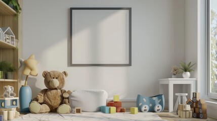 Fototapeta na wymiar Boy's room designed for comfort and play, including a mock-up poster frame, plush toys, and a neatly organized white desk with wooden blocks