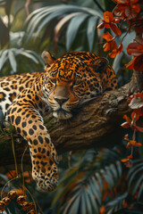 Leopard rest on a tree. A predatory jaguar on a tree