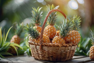 Pineapples in a basket on background of green gardens. small pineapples in a basket in sunny weather. fruits. Gardening.