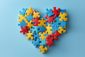 Heart made from blue, yellow, red puzzles on light blue background. World autism awareness day concept. Top view, copy space, 3d, illustration