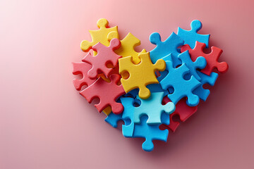 Heart made from blue, yellow, red puzzles on light pink background. World autism awareness day concept. Top view, copy space, 3d, illustration