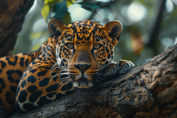 Leopard rest on a tree. A predatory jaguar on a tree