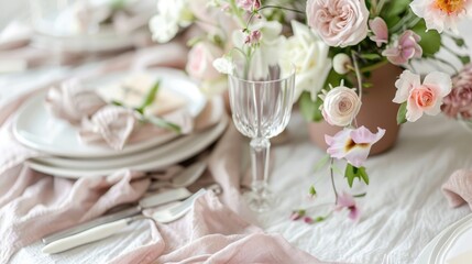 A beautifully arranged table featuring plates, silverware, and a stunning centerpiece of flowers including roses. The peachcolored petals add a touch of elegance to the creative arts display AIG50