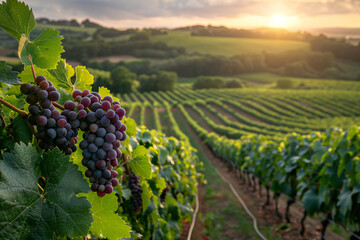 A summer vineyard field with grapes on the branches 