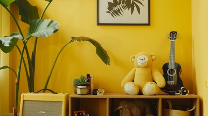 Aesthetic child room with a yellow wall, showcasing a monkey plush toy, guitar, and mock-up poster, personal accessories completing the scene