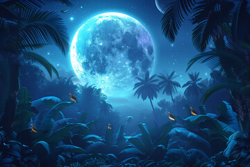 Fantasy background with tropical palm, banana leaves, birds and animals, can be used as background, wallpaper. tropical jungle at night with huge moon , 3d, illustration