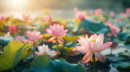 Vibrant lotus blossoms in full bloom, their vibrant colors contrasting against the calm waters of a tranquil lake - Powered by Adobe