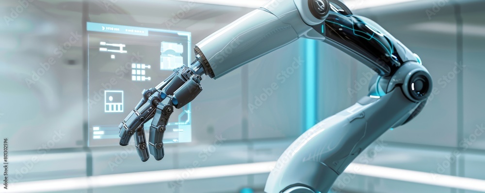 Poster advanced robotic arm in a high-tech lab demonstrating precision and cutting-edge technology