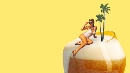 Elegant young girl in retro swimsuit resting atop foamy lager beer against pastel yellow...