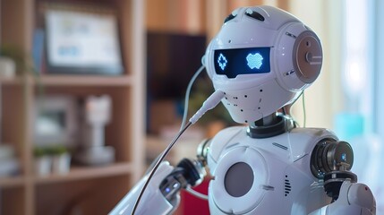 Fototapeta premium Futuristic Healthcare Assistant Robot Monitoring Elderly Patient at Home