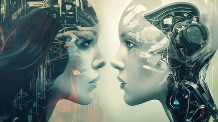 Abstract representation of the evolving relationship between humans and robots, blending elements of art and technology.