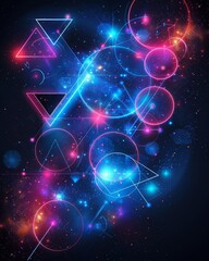 An abstract geometric design with glowing neon circles and triangles. The background is a dark blue filled with stars.