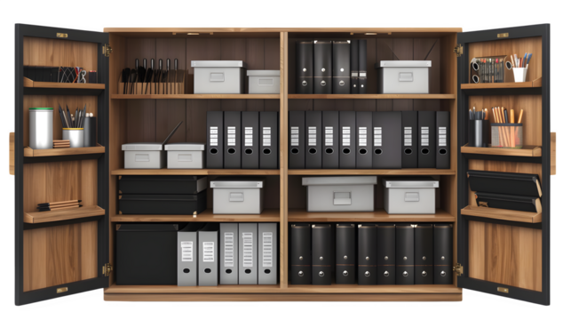 Office Supply Cabinet with Organizational Labels for Workspace Organization, Isolated on White, Transparent Background, PNG File, Hand Edited Generative AI