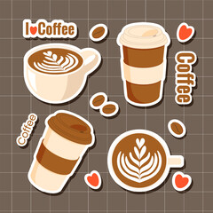 Set of stickers with coffee cup, paper cups and coffee beans. Vector illustration