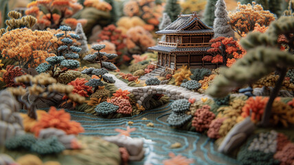 3D dimensional embroidery art of a japanese garden landscape with a traditional house in earth tones