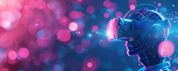 Futuristic virtual reality headset immersion in a dynamic, vibrant digital world