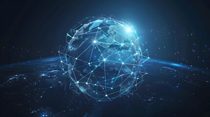 Obraz premium Map of the planet. World map. Global social network. Future. Vector. Blue futuristic background with planet Earth. Internet and technology. Floating blue plexus geometric background.