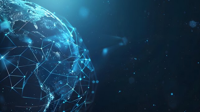 Map of the planet. World map. Global social network. Future. Vector. Blue futuristic background with planet Earth. Internet and technology. Floating blue plexus geometric background.