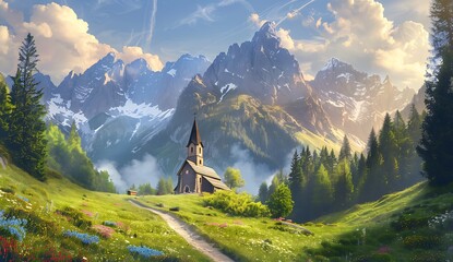 A beautiful church sits on the side of a mountain in an alpine valley, surrounded by green meadows and trees. A path leads up to it from below. - obrazy, fototapety, plakaty