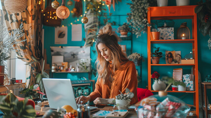 Beautiful woman holds online consultation using laptop sitting on sofa at home