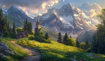 A beautiful landscape painting of the Alps with green meadows, trees and small church in front of...