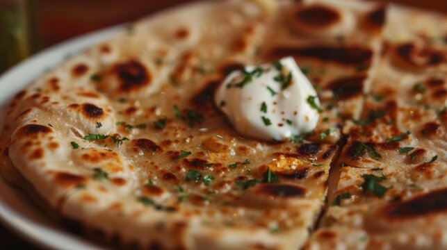 Close-up of a freshly cooked paneer paratha being served with a dollop of creamy yogurt, showcasing the savory goodness of this Indian flatbread.