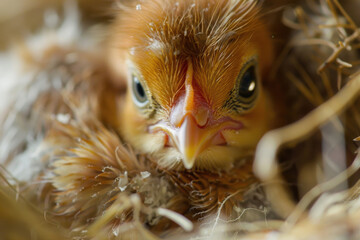 A newly hatched chick, fluffy feathers and bright eyes