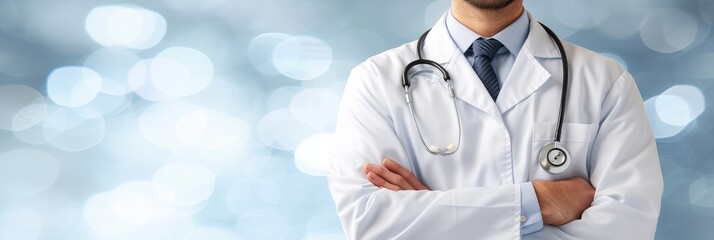 Doctor wearing stethoscope in hospital on bright white magical blurred background with copy space